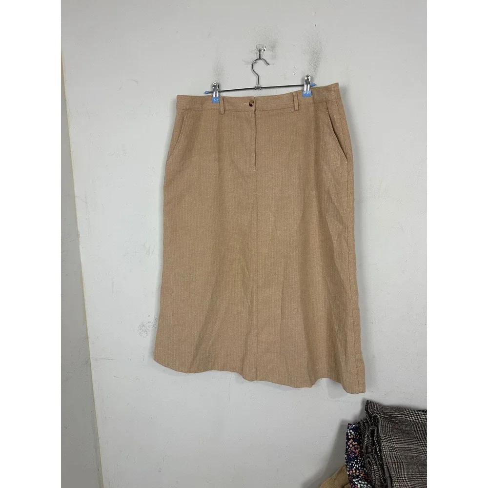 LL Bean Classic Fit Straight Skirt Tan Herringbone Cotton Midi 18 Reg 270947